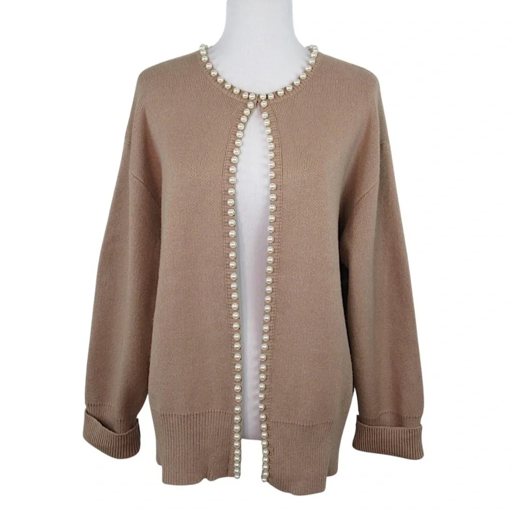 Pearl Trim Cardigan Open Hook-Front Ribbed Knit Long Sleeve Women’s Size XL